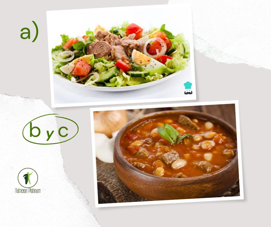 Ensalada de verduras variadas con alubias con carne de ternera.